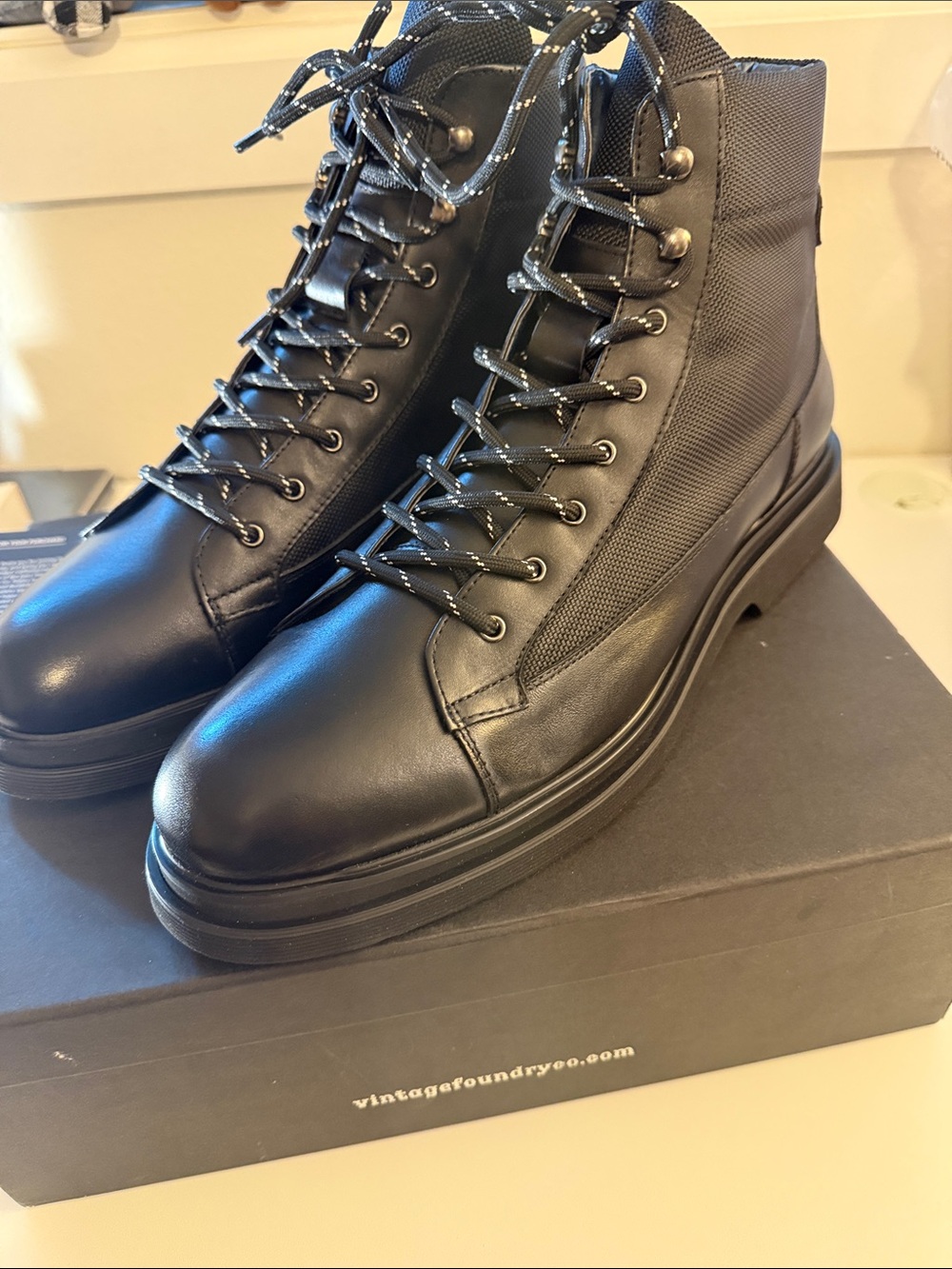 Vintage foundry co Men’s Black Leather & Textile Lace-Up Platform Boots